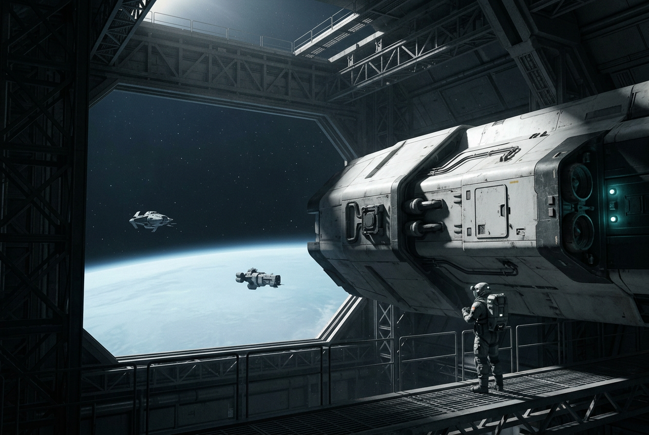 Concept artwork of a cargo ship at an orbital servicing gantry, with escort craft above a planet
